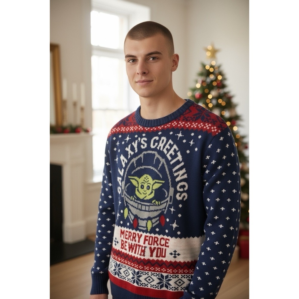 Y2K Star Wars Grogu Sweater‎  "Galaxy's Greetings" Mandalorian Ugly Christmas Lg